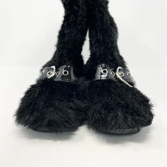 Miu Miu Faux Fur Furry Flat Tall Shearling Winter Boots Shoes Black Buckle 39 9 - Picture 6 of 11